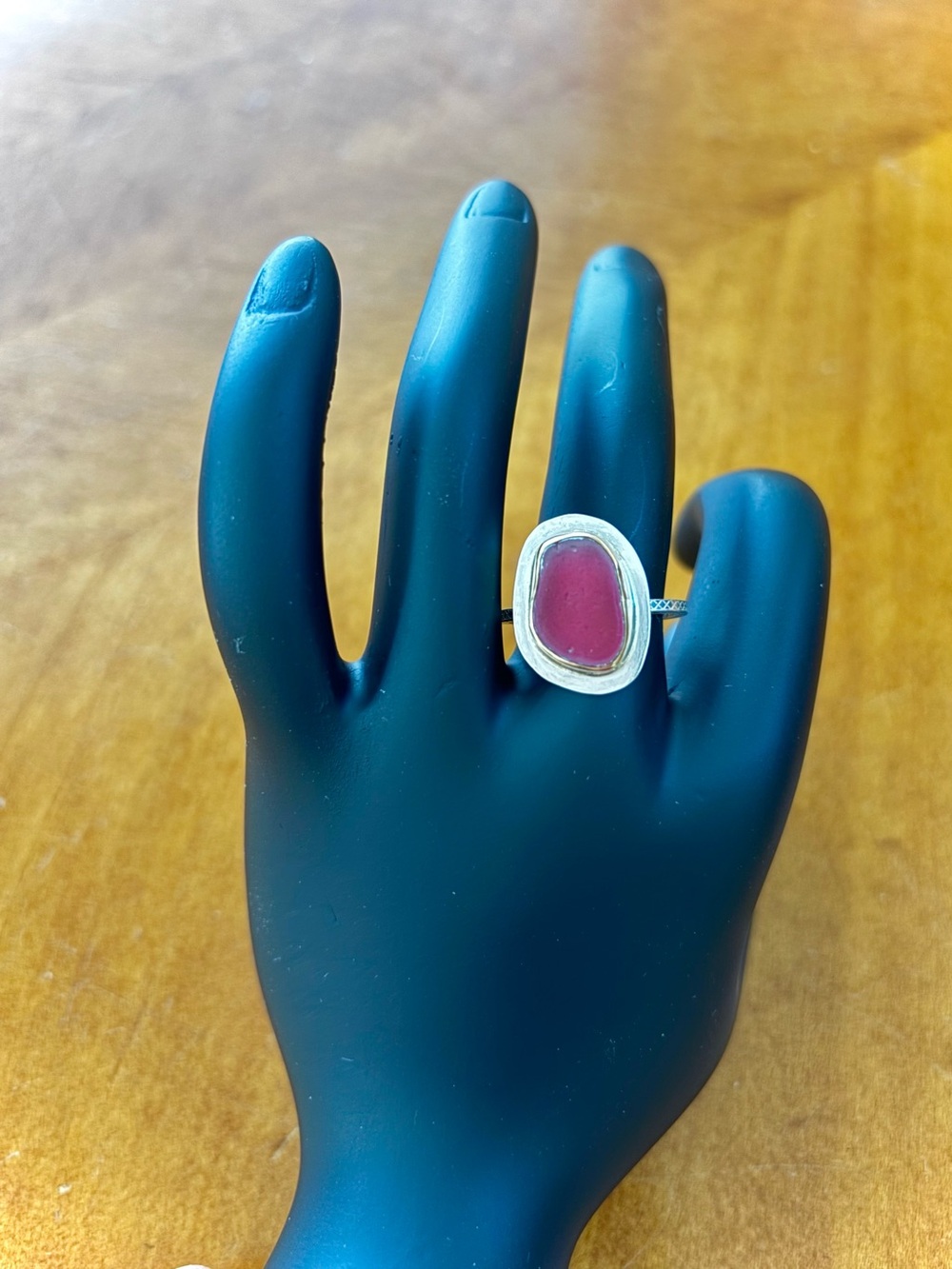 Handcrafted Silver tone Ring with Red Seaglass Center